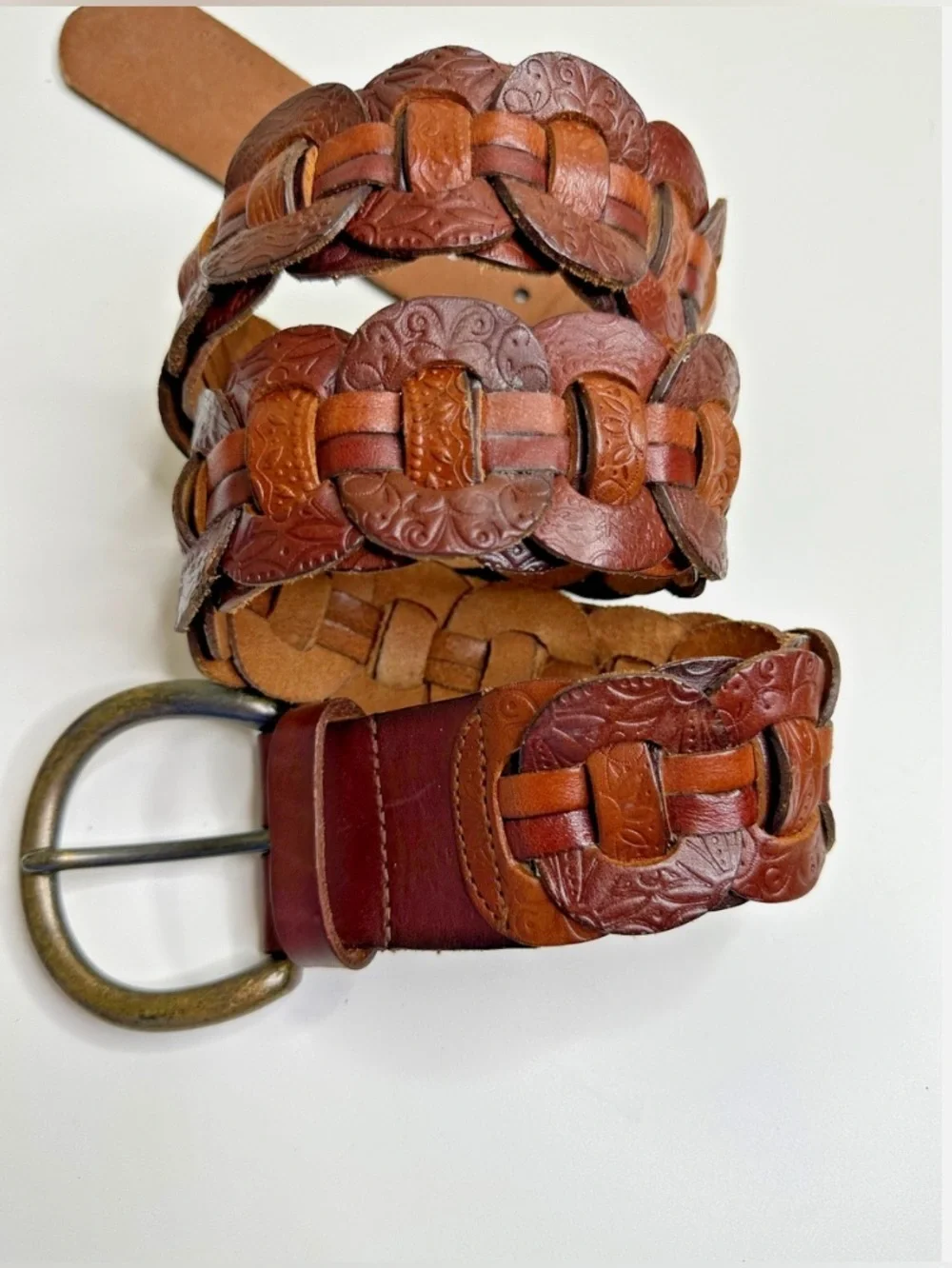 Fossil Tooled Chain Woven Belt Brown Leather Western Wide 2.75